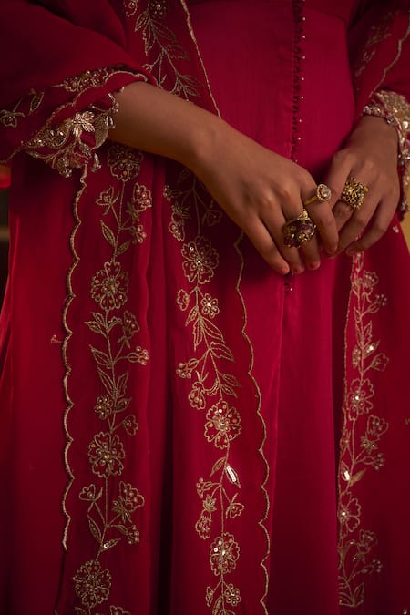 Hirika & Dhruti Red Cotton, Silk, Organza Embroidery Round Neck Hand Anarkali Sharara Set at Aza Fashions Hirika & Dhruti_Red Cotton, Silk, Organza Embroidery Round Neck Hand Anarkali Sharara Set _at_Aza_Fashions