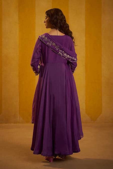 Shop Hirika & Dhruti Purple Cotton, Silk, Organza Embroidery, Hand Anarkali Sharara Set With Dupatta at Aza Fashions Shop_Hirika & Dhruti_Purple Cotton, Silk, Organza Embroidery, Hand Anarkali Sharara Set With Dupatta _at_Aza_Fashions