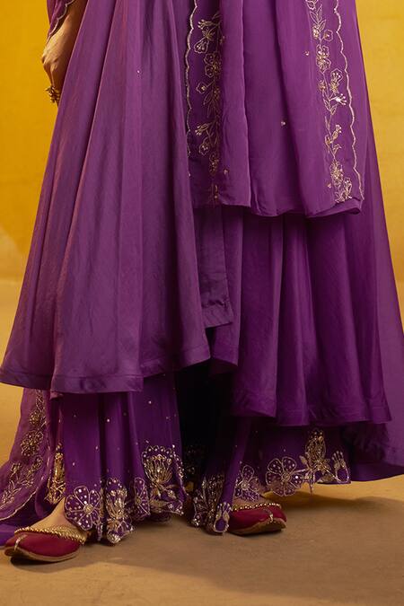 Hirika & Dhruti Purple Cotton, Silk, Organza Embroidery, Hand Anarkali Sharara Set With Dupatta Online at Aza Fashions Hirika & Dhruti_Purple Cotton, Silk, Organza Embroidery, Hand Anarkali Sharara Set With Dupatta _Online_at_Aza_Fashions