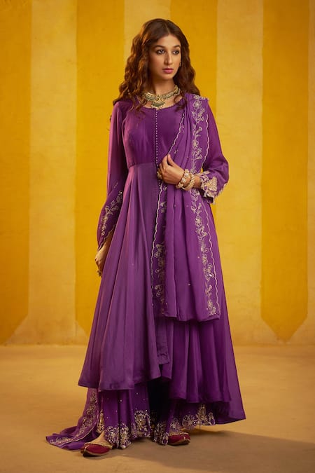 Buy Hirika & Dhruti Purple Cotton, Silk, Organza Embroidery, Hand Anarkali Sharara Set With Dupatta Online at Aza Fashions Buy_Hirika & Dhruti_Purple Cotton, Silk, Organza Embroidery, Hand Anarkali Sharara Set With Dupatta _Online_at_Aza_Fashions