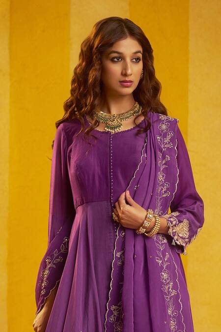 Shop Hirika & Dhruti Purple Cotton, Silk, Organza Embroidery, Hand Anarkali Sharara Set With Dupatta Online at Aza Fashions Shop_Hirika & Dhruti_Purple Cotton, Silk, Organza Embroidery, Hand Anarkali Sharara Set With Dupatta _Online_at_Aza_Fashions