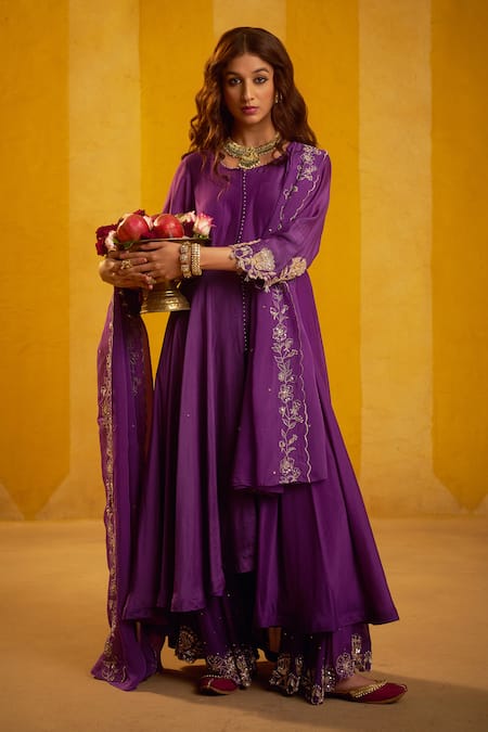 Hirika & Dhruti Purple Cotton, Silk, Organza Embroidery, Hand Anarkali Sharara Set With Dupatta 
