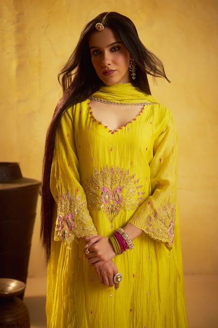 Buy_Hirika & Dhruti_Yellow Chanderi Embroidery, Marodi Work Anarkali, Pant And Chitta Dupatta Set _Online_at_Aza_Fashions