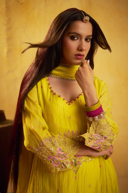 Shop_Hirika & Dhruti_Yellow Chanderi Embroidery, Marodi Work Anarkali, Pant And Chitta Dupatta Set _Online_at_Aza_Fashions