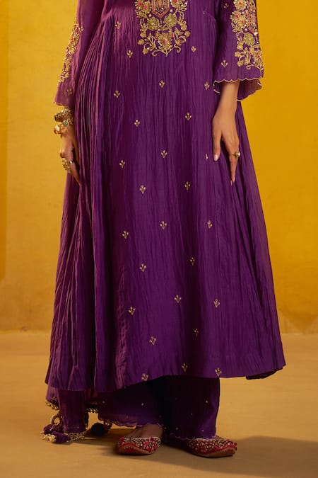 Hirika & Dhruti_Purple Chanderi Embroidery, Sequins, Marodi Work Kurta Pant And Dupatta Set _Online_at_Aza_Fashions
