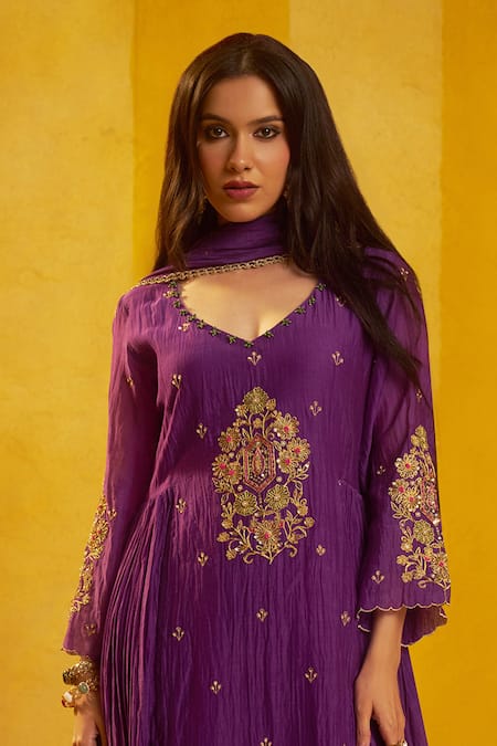 Buy_Hirika & Dhruti_Purple Chanderi Embroidery, Sequins, Marodi Work Kurta Pant And Dupatta Set _Online_at_Aza_Fashions