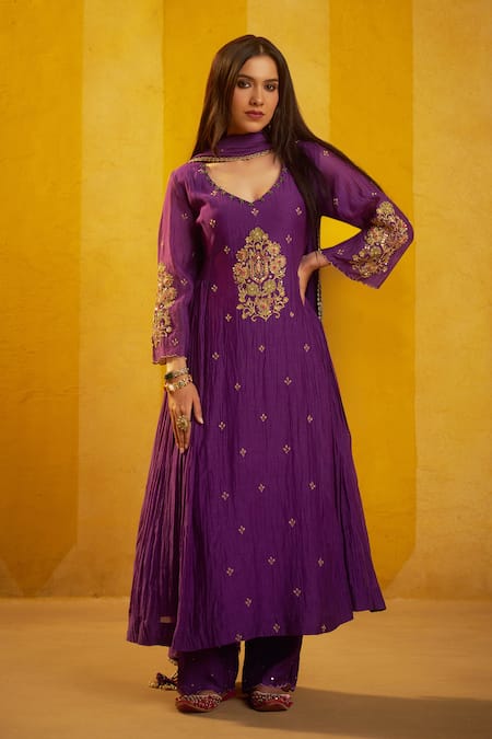 Shop_Hirika & Dhruti_Purple Chanderi Embroidery, Sequins, Marodi Work Kurta Pant And Dupatta Set _Online_at_Aza_Fashions