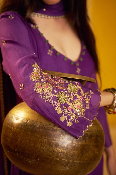 Hirika & Dhruti_Purple Chanderi Embroidery, Sequins, Marodi Work Kurta Pant And Dupatta Set _at_Aza_Fashions