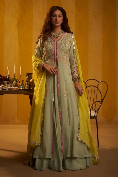 Hirika & Dhruti Mint Organza Embroidery, Mirrors V-neck Zardozi Hand Jacket Lehenga Set 