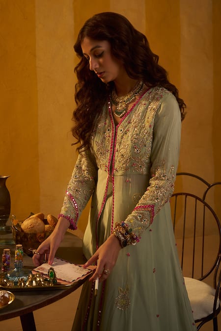 Hirika & Dhruti_Mint Organza Embroidery, Mirrors V-neck Zardozi Hand Jacket Lehenga Set _Online_at_Aza_Fashions