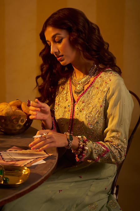 Buy_Hirika & Dhruti_Mint Organza Embroidery, Mirrors V-neck Zardozi Hand Jacket Lehenga Set _Online_at_Aza_Fashions