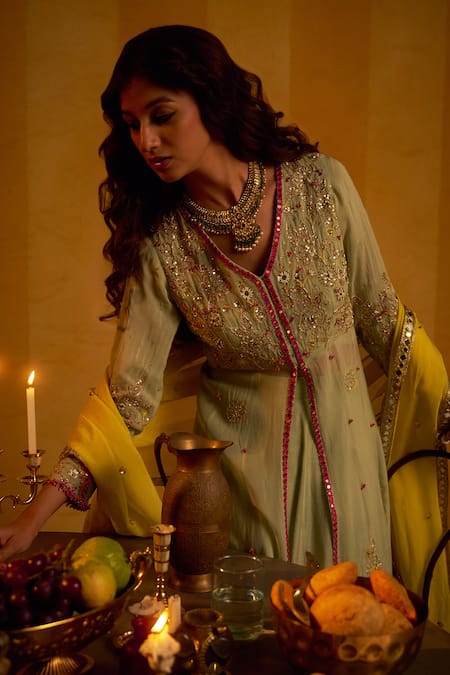 Shop_Hirika & Dhruti_Mint Organza Embroidery, Mirrors V-neck Zardozi Hand Jacket Lehenga Set _Online_at_Aza_Fashions