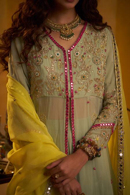 Hirika & Dhruti_Mint Organza Embroidery, Mirrors V-neck Zardozi Hand Jacket Lehenga Set _at_Aza_Fashions