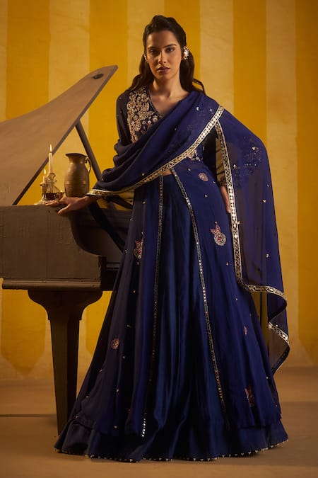 Hirika & Dhruti_Navy Organza Embroidery, Zari, Sequins, Zardozi Hand Work Jacket Lehenga Set _Online_at_Aza_Fashions
