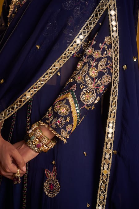 Buy_Hirika & Dhruti_Navy Organza Embroidery, Zari, Sequins, Zardozi Hand Work Jacket Lehenga Set _Online_at_Aza_Fashions