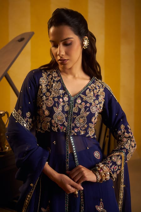 Shop_Hirika & Dhruti_Navy Organza Embroidery, Zari, Sequins, Zardozi Hand Work Jacket Lehenga Set _Online_at_Aza_Fashions