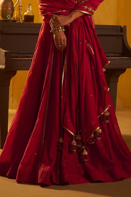 Hirika & Dhruti_Red , , Zari, Sequins, Hand Jacket Lehenga Set _Online_at_Aza_Fashions