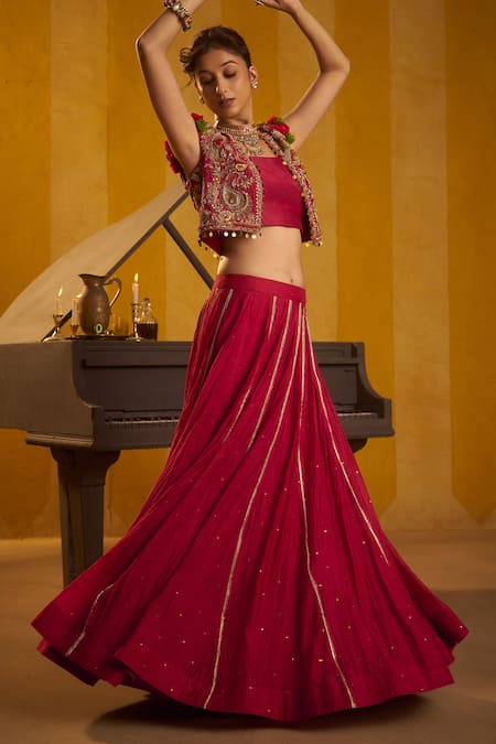 Shop_Hirika & Dhruti_Red , , Zari, Sequins, Hand Jacket Lehenga Set _Online_at_Aza_Fashions