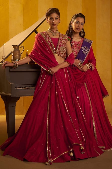 Hirika & Dhruti_Red , , Zari, Sequins, Hand Jacket Lehenga Set _at_Aza_Fashions