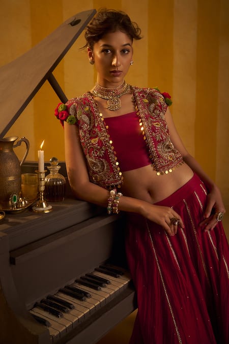 Buy_Hirika & Dhruti_Red , , Zari, Sequins, Hand Jacket Lehenga Set 
