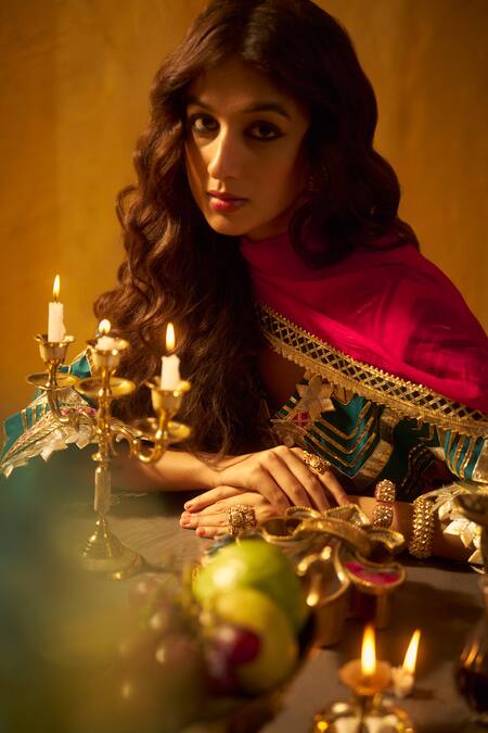 Hirika & Dhruti_Teal Silk, Organza Gota Patti V-neck Kurta Sharara And Dupatta Set _Online_at_Aza_Fashions