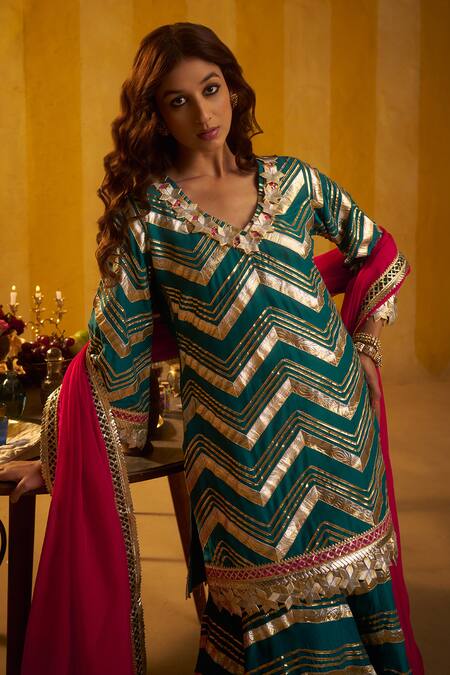 Buy_Hirika & Dhruti_Teal Silk, Organza Gota Patti V-neck Kurta Sharara And Dupatta Set _Online_at_Aza_Fashions