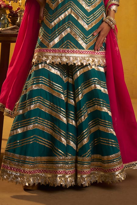 Shop_Hirika & Dhruti_Teal Silk, Organza Gota Patti V-neck Kurta Sharara And Dupatta Set _Online_at_Aza_Fashions