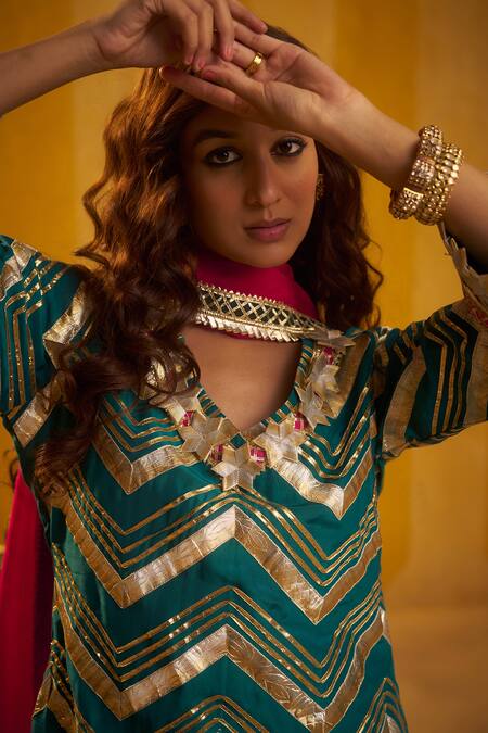 Hirika & Dhruti_Teal Silk, Organza Gota Patti V-neck Kurta Sharara And Dupatta Set _at_Aza_Fashions