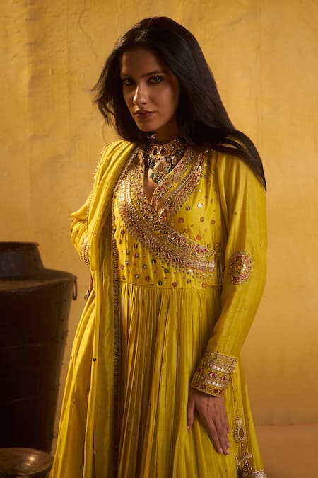 Hirika & Dhruti_Yellow Silk Embroidery, Sequins, Tassels, Metal Tikki Work Angarkha Pant Set _Online_at_Aza_Fashions