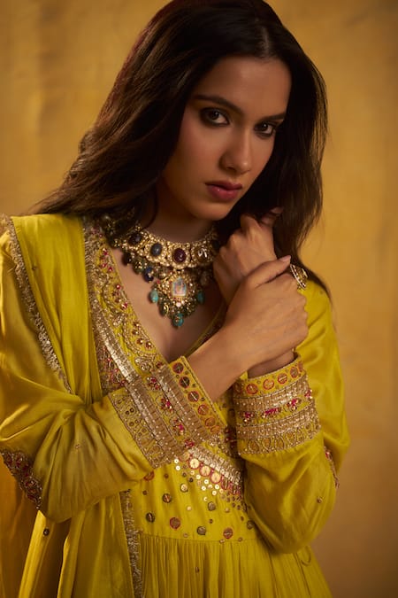 Buy_Hirika & Dhruti_Yellow Silk Embroidery, Sequins, Tassels, Metal Tikki Work Angarkha Pant Set _Online_at_Aza_Fashions