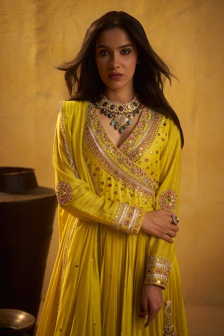 Shop_Hirika & Dhruti_Yellow Silk Embroidery, Sequins, Tassels, Metal Tikki Work Angarkha Pant Set _Online_at_Aza_Fashions