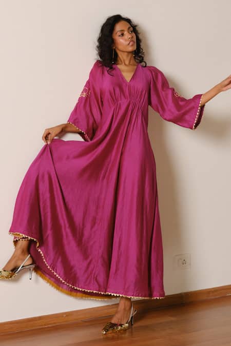 Kharakapas_Pink Chanderi Silk Embroidery, Gota Patti V-neck Gulnaar Gown _Online_at_Aza_Fashions