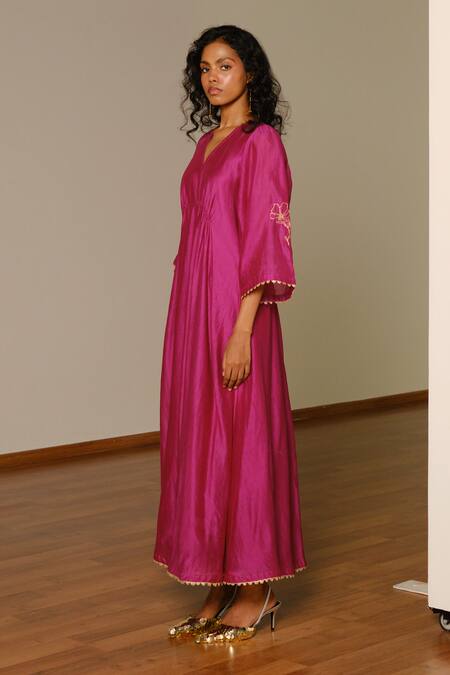 Buy_Kharakapas_Pink Chanderi Silk Embroidery, Gota Patti V-neck Gulnaar Gown _Online_at_Aza_Fashions
