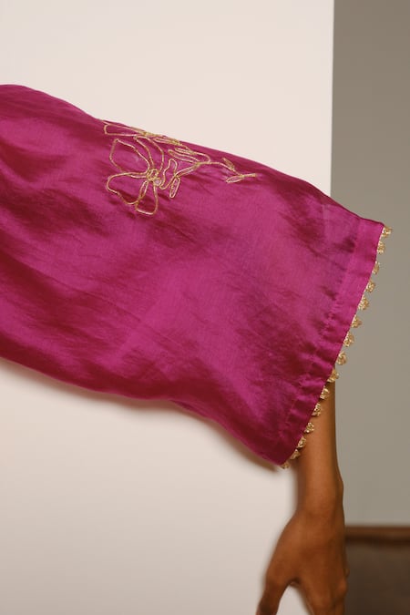 Shop_Kharakapas_Pink Chanderi Silk Embroidery, Gota Patti V-neck Gulnaar Gown _Online_at_Aza_Fashions