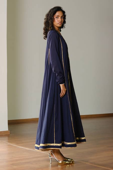 Kharakapas Navy Cotton, Kota Doria, Silk Patti, Embroidery, Tara Gown With Dupatta Online at Aza Fashions Kharakapas_Navy Cotton, Kota Doria, Silk Patti, Embroidery, Tara Gown With Dupatta _Online_at_Aza_Fashions