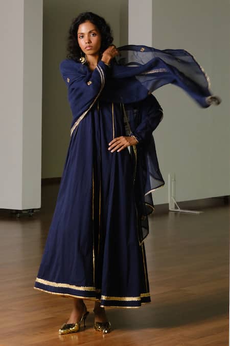 Buy Kharakapas Navy Cotton, Kota Doria, Silk Patti, Embroidery, Tara Gown With Dupatta Online at Aza Fashions Buy_Kharakapas_Navy Cotton, Kota Doria, Silk Patti, Embroidery, Tara Gown With Dupatta _Online_at_Aza_Fashions