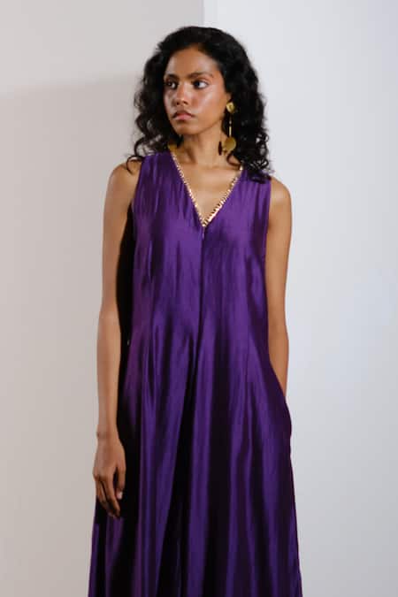 Kharakapas_Purple Chanderi V-neck Kachnaar Jumpsuit _Online_at_Aza_Fashions