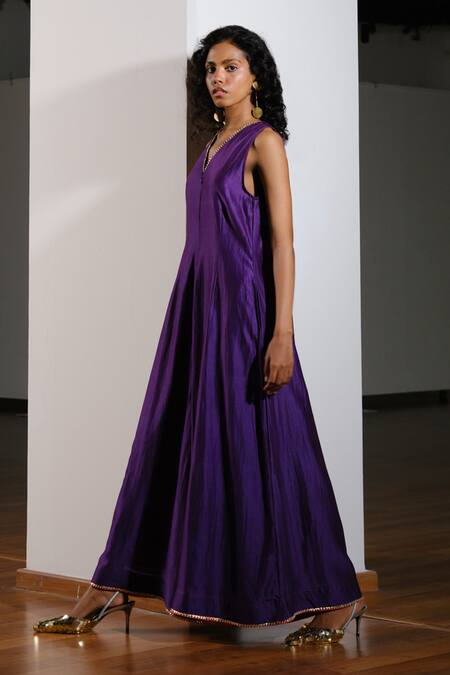 Shop_Kharakapas_Purple Chanderi V-neck Kachnaar Jumpsuit _Online_at_Aza_Fashions