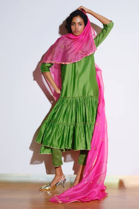 Kharakapas Green Chanderi Silk, Kota Doria Embroidery, Patti V-neck Papiha Kurta Set 
