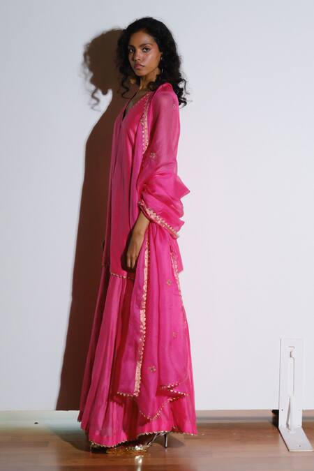 Kharakapas_Pink , , Kota Doria, Rani Kurta Sharara Set _Online_at_Aza_Fashions