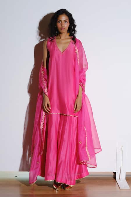 Kharakapas Pink , , Kota Doria, Rani Kurta Sharara Set 