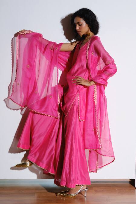 Shop_Kharakapas_Pink , , Kota Doria, Rani Kurta Sharara Set _Online_at_Aza_Fashions