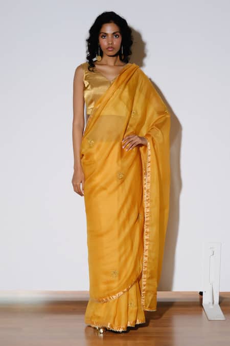 Kharakapas Mustard Kota Doria, Silk Lace, Roshini Saree With Unstitched Blouse Piece 