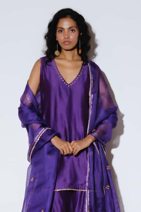 Kharakapas_Purple Chanderi, Silk, Kota Doria Patti, Embroidery Angoor Sharara Set _Online_at_Aza_Fashions