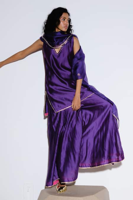 Buy_Kharakapas_Purple Chanderi, Silk, Kota Doria Patti, Embroidery Angoor Sharara Set _Online_at_Aza_Fashions