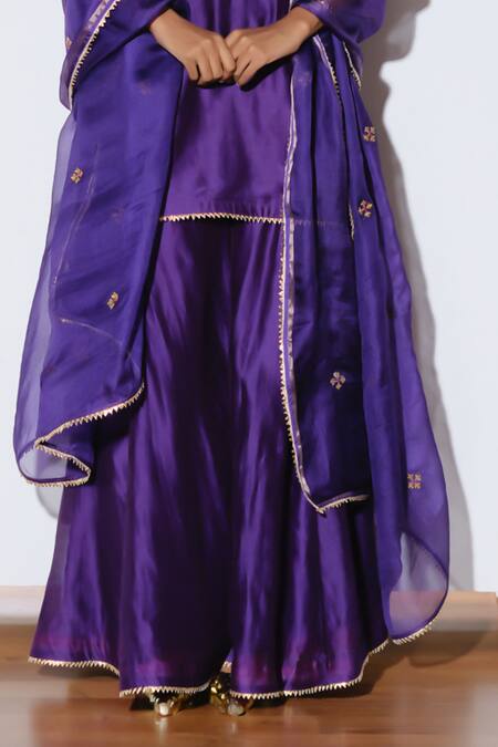 Shop_Kharakapas_Purple Chanderi, Silk, Kota Doria Patti, Embroidery Angoor Sharara Set _Online_at_Aza_Fashions