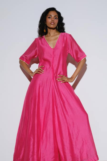 Shop Kharakapas Pink Chanderi Silk Gota Patti, Embroidery V-neck Gulfam Jumpsuit Online at Aza Fashions Shop_Kharakapas_Pink Chanderi Silk Gota Patti, Embroidery V-neck Gulfam Jumpsuit _Online_at_Aza_Fashions