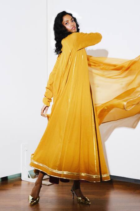 Kharakapas_Mustard Cotton, Kota Doria, Silk Patti V-neck Kiran Gown With Dupatta _at_Aza_Fashions