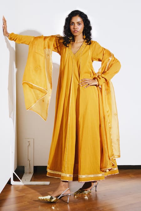 Kharakapas Mustard Cotton, Kota Doria, Silk Patti V-neck Kiran Gown With Dupatta 