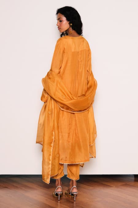 Shop Kharakapas Mustard Chanderi, Kota Doria Embroidery V-neck Noorani Kurta Set at Aza Fashions Shop_Kharakapas_Mustard Chanderi, Kota Doria Embroidery V-neck Noorani Kurta Set _at_Aza_Fashions